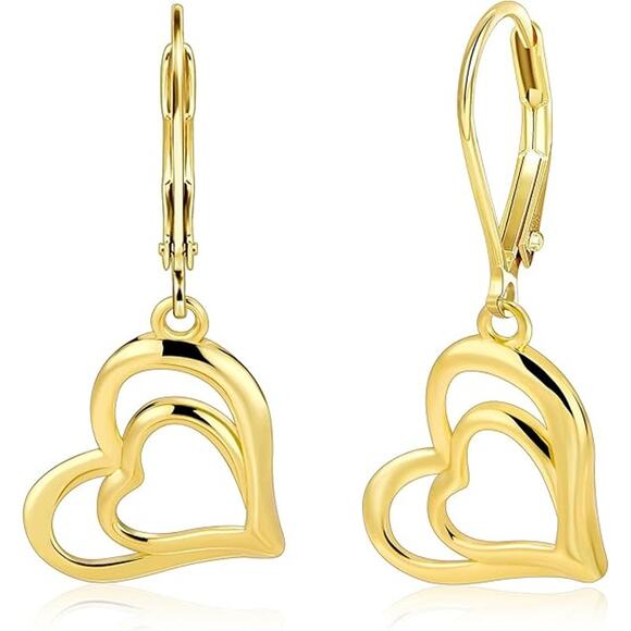 14K Gold Plated Heart Dangle Earrings Dangling Trendy Women Leverback Earings - Picture 1 of 5